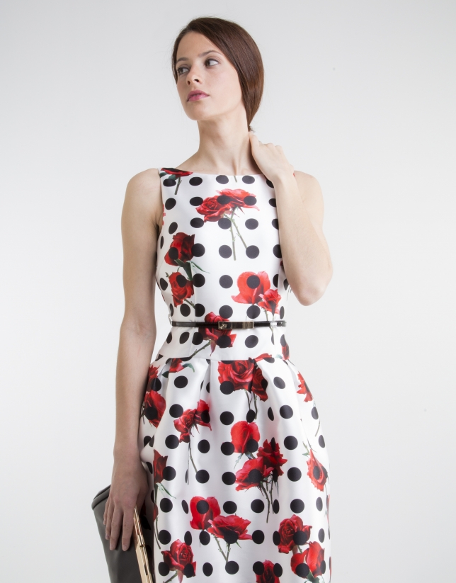 Floral print dress with black polka dots