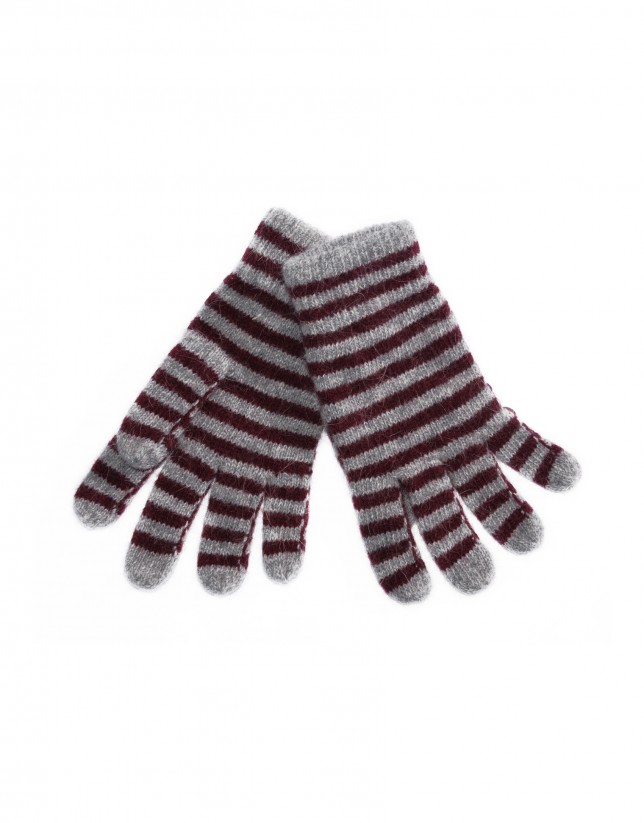 Grey bordeaux striped knitted gloves
