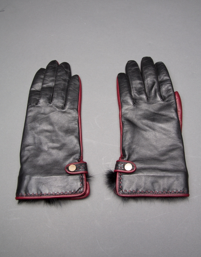 Burgundy and black leather gloves with rabbit fur cuffs 