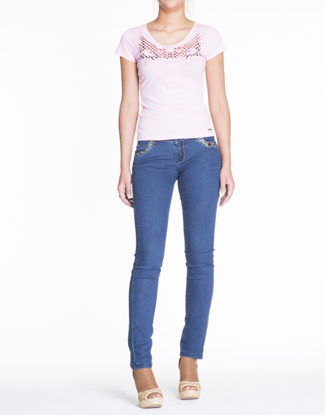 Pink short sleeve lace front top 