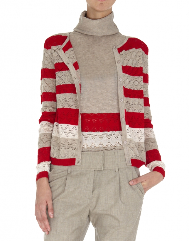 Beige and red striped openwork jacket 