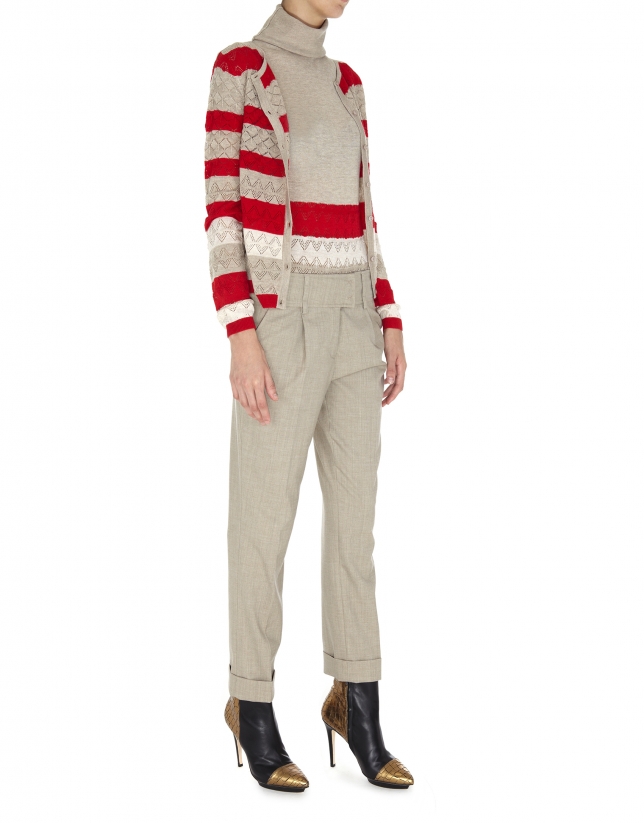 Beige and red striped openwork jacket 