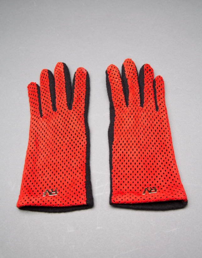 Black knit gloves with red embossed suede 