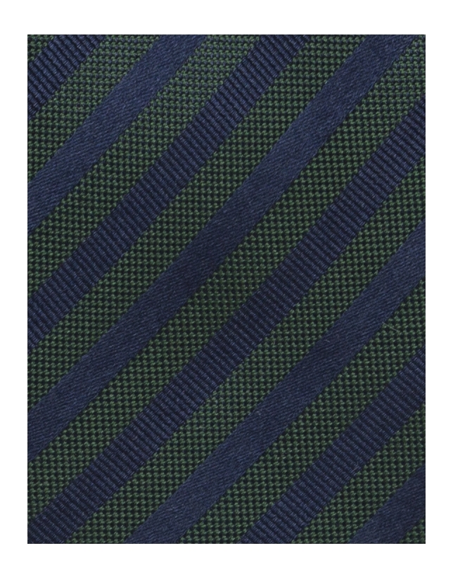 Green tie with navy and blue stripes