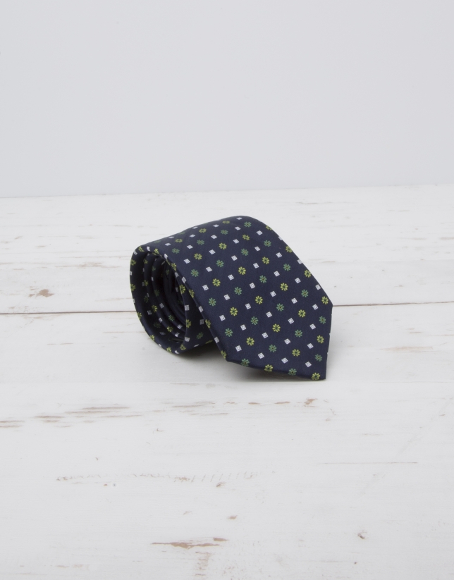 Navy blue tie with green flowers