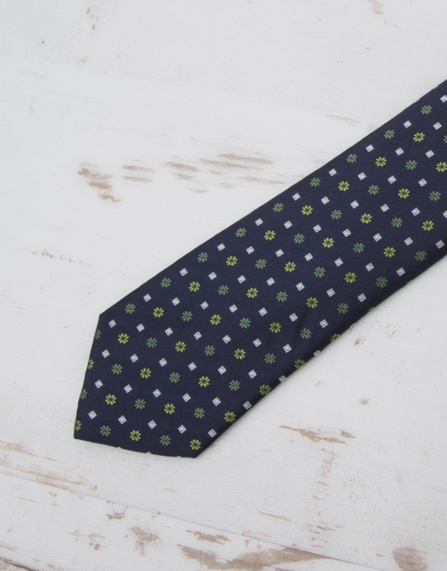 Navy blue tie with green flowers
