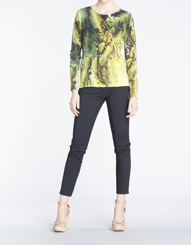 Green and yellow hand-printed long sleeve sweater 