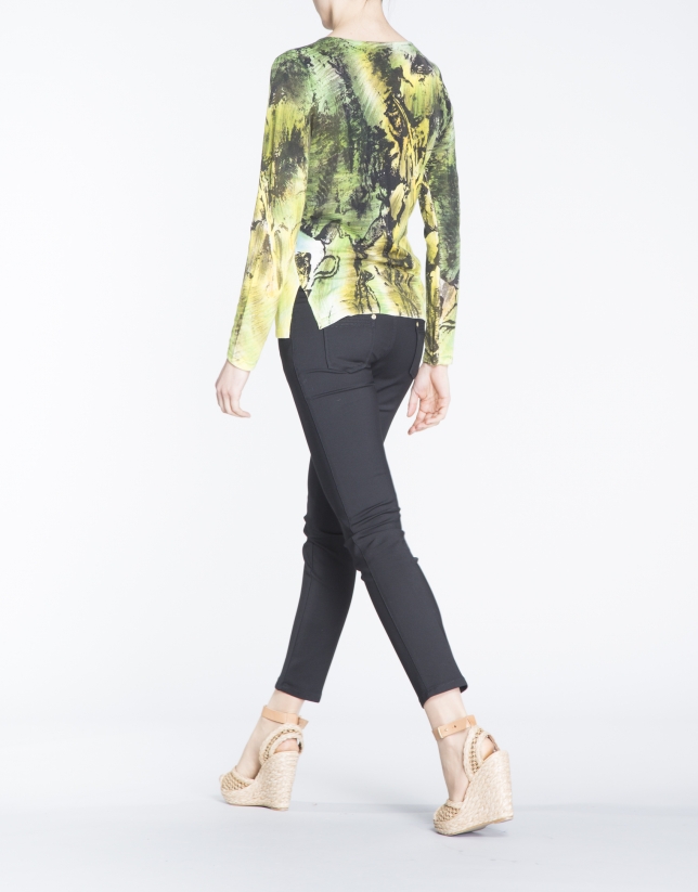 Green and yellow hand-printed long sleeve sweater 