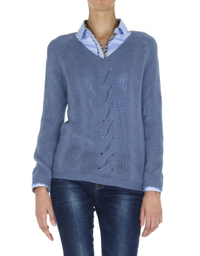 Blue V neck cable stitch sweater 
