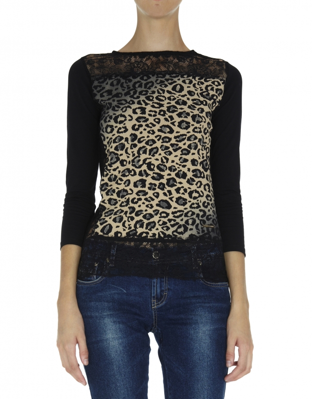Animal print and lace top with long sleeves