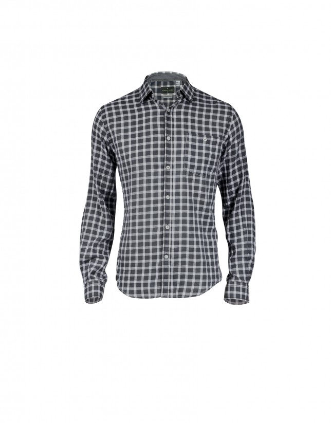 Black /white gingham/Vichy casual shirt. Elbow patches