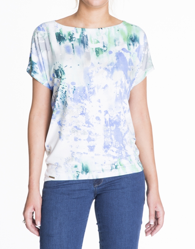 Loose white turquoise and blue print top