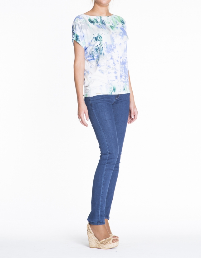 Loose white turquoise and blue print top