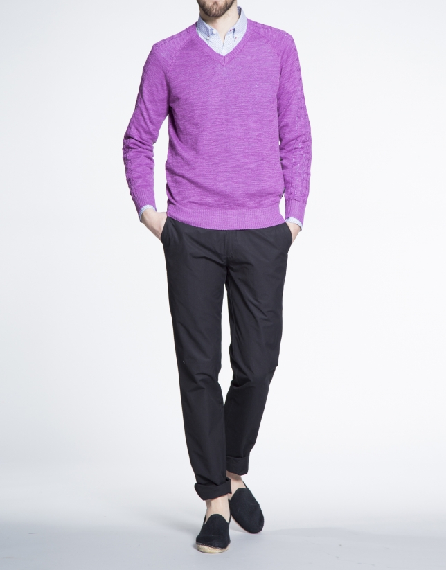 Purple cable stitch V neck sweater 