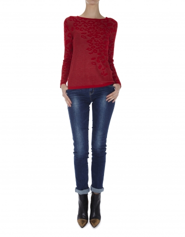Red knit leopard print long sleeved top 