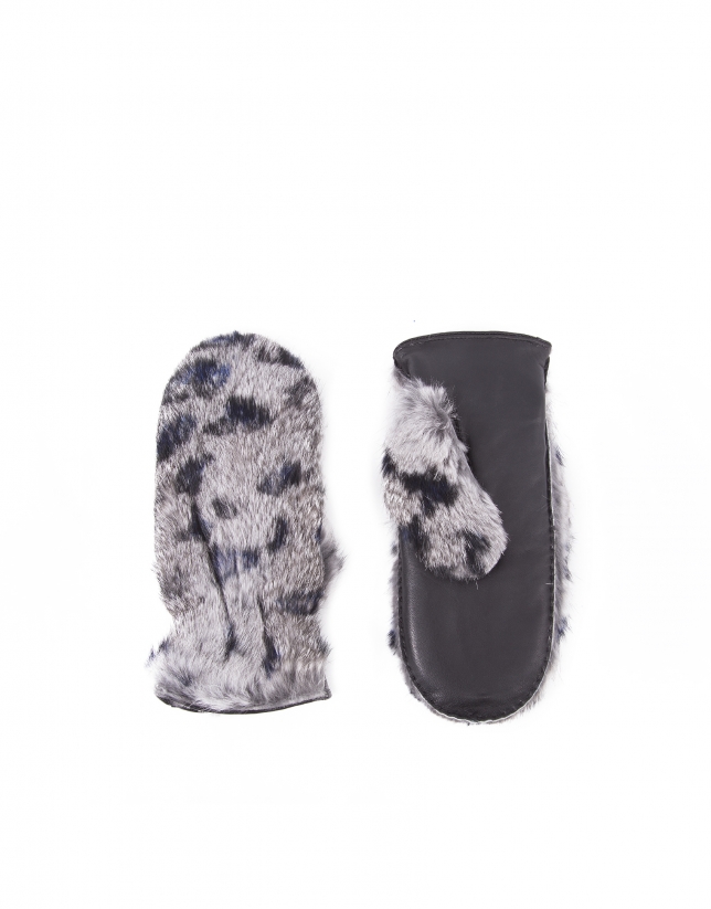 Black and blue animal print mittens with gray rabbit fur 