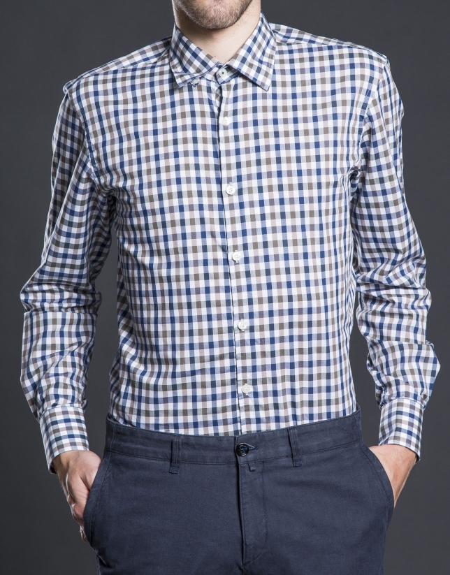 Taupe checked sports shirt  