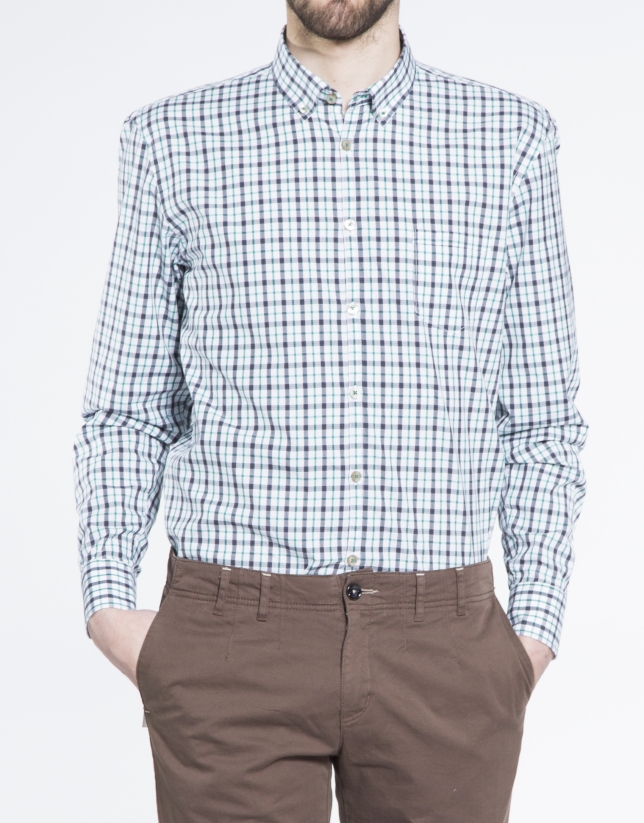 Blue and coral checked sports shirt