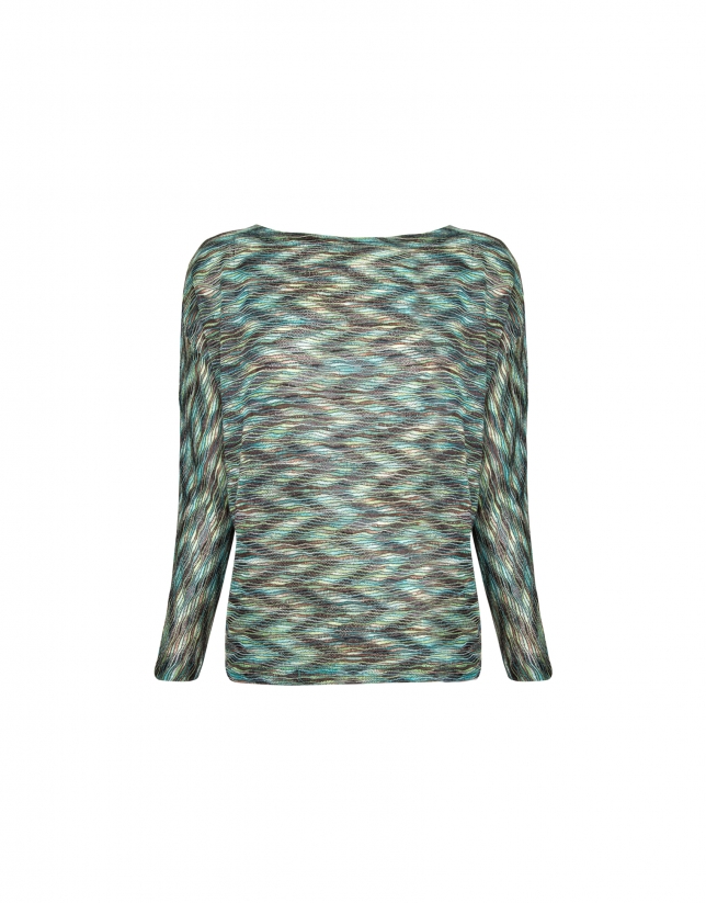 Green wave print top with bat sleeves 