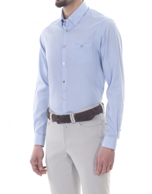 White and blue striped premium fit sport shirt.