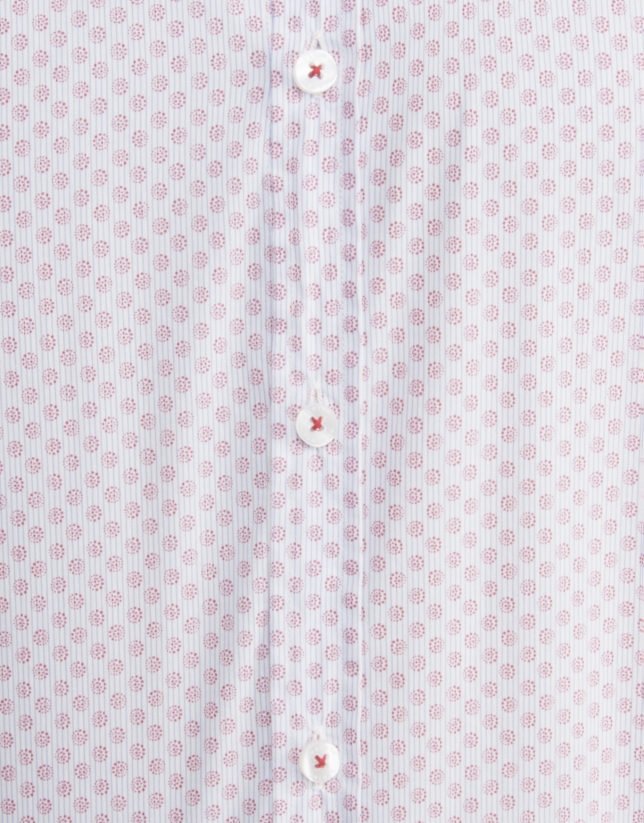 Navy blue pinstriped shirt with red dots