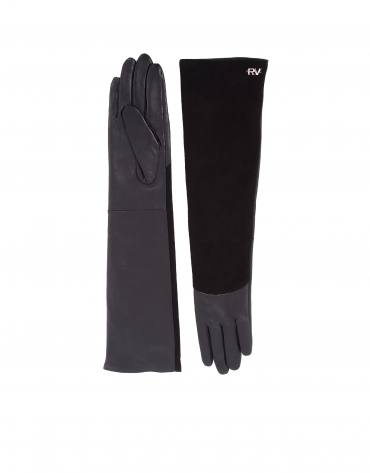 Long black leather and suede gloves 