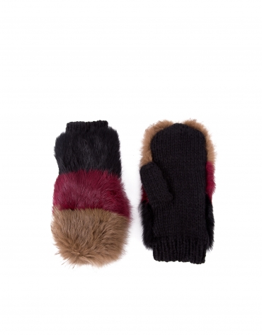 Tricolor knit and rabbit fur mittens 