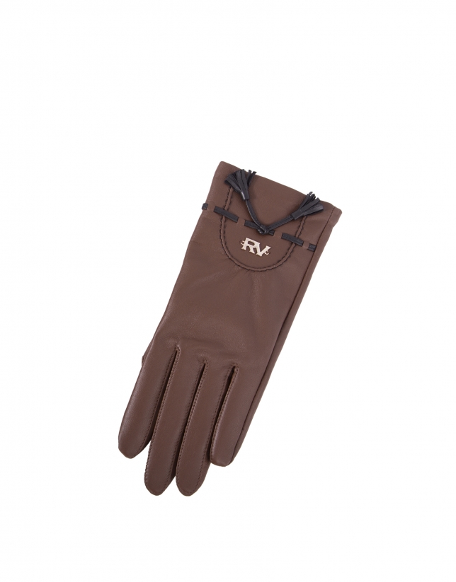 Brown leather gloves with black details 
