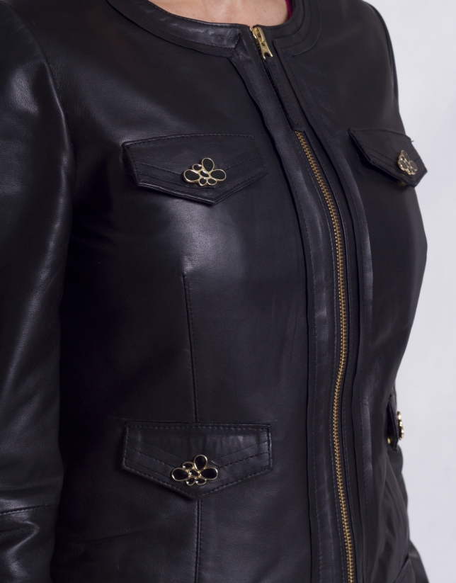 Round neck leather jacket 