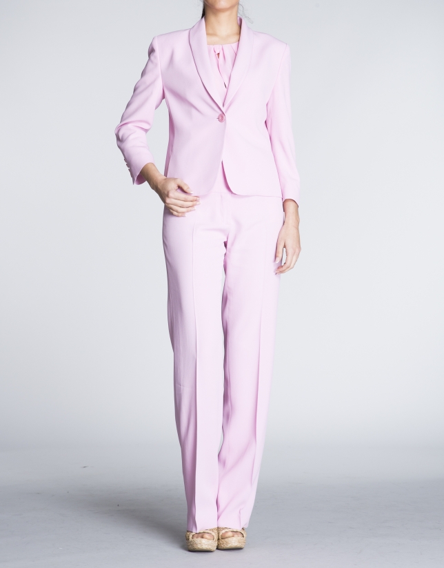 Pink blazer with tuxedo collar. 