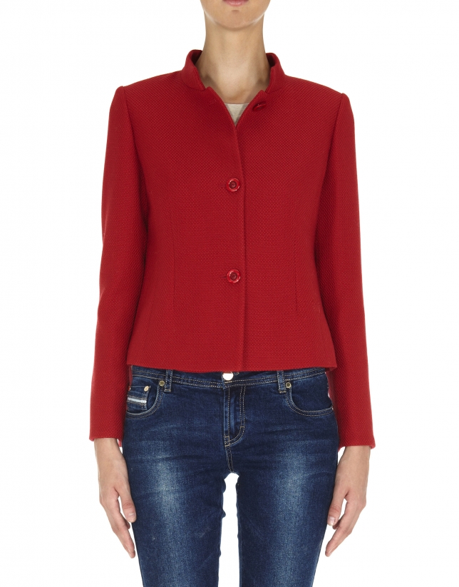 Red short wool jacquard jacket with Mao collar