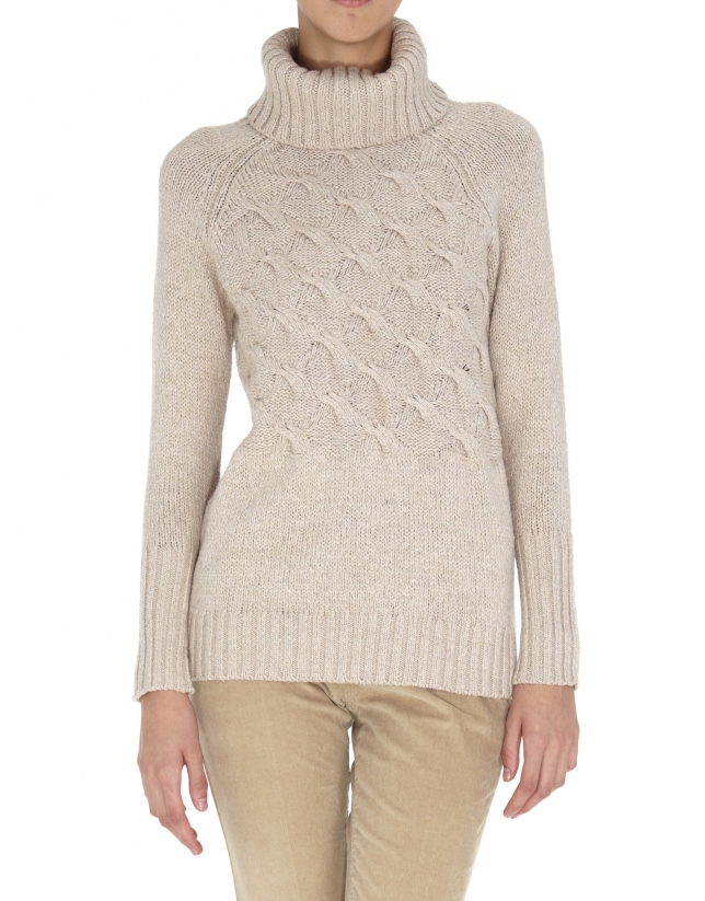 Beige cross-stitch turtleneck sweater 