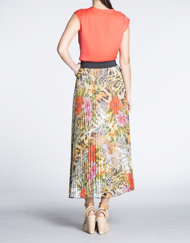 Floral print long pleated skirt 