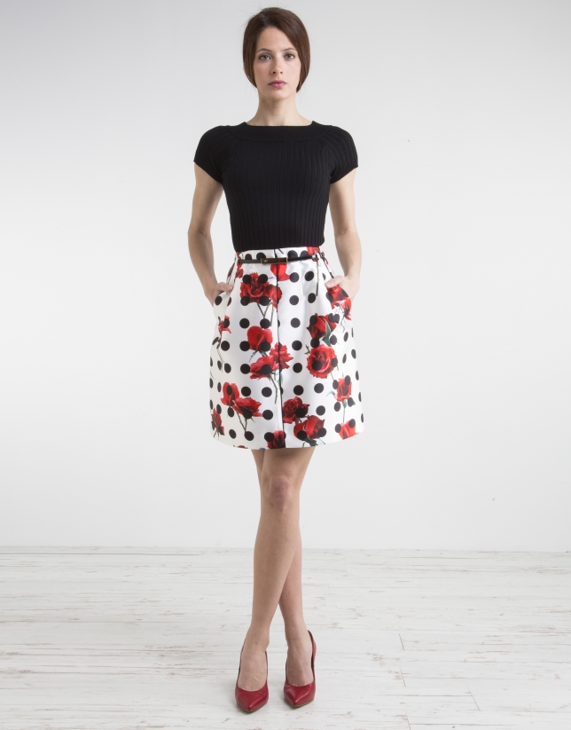 Black polka dot and floral print skirt