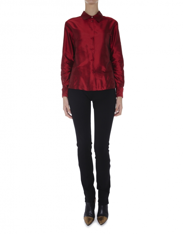 Red long-sleeved silk blouse