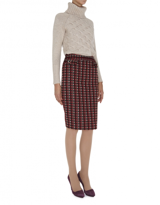 Red, black and beige heavy wool straight skirt 