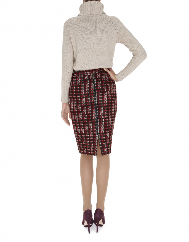 Red, black and beige heavy wool straight skirt 