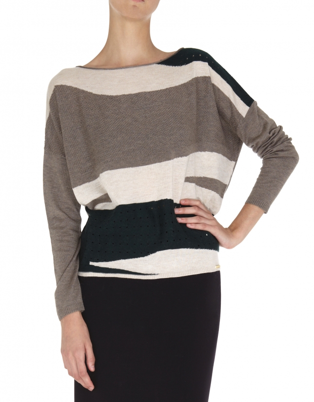 Beige, gray and green dolman sleeve sweater 