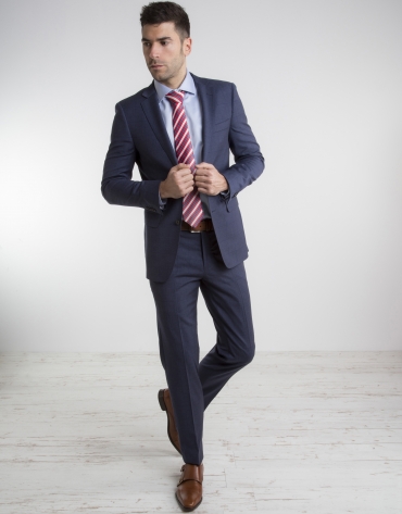 Navy blue checked slim fit suit