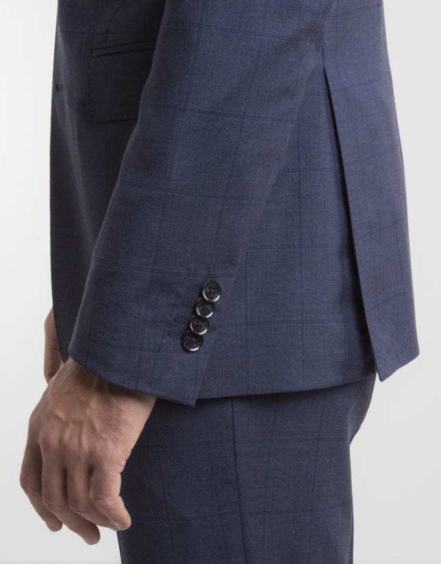 Navy blue checked slim fit suit