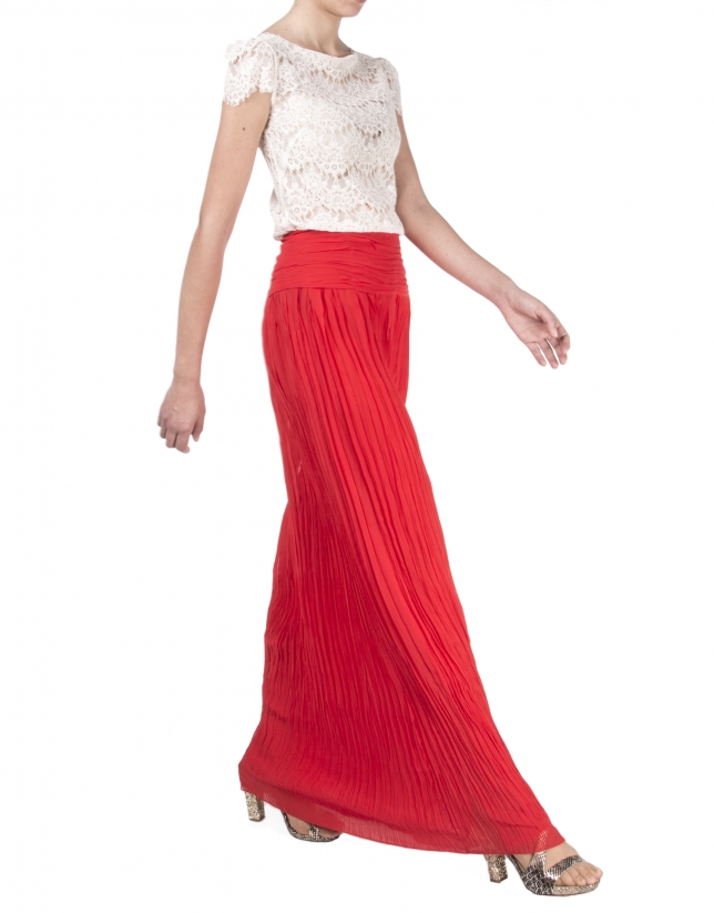 Long red pleated skirt