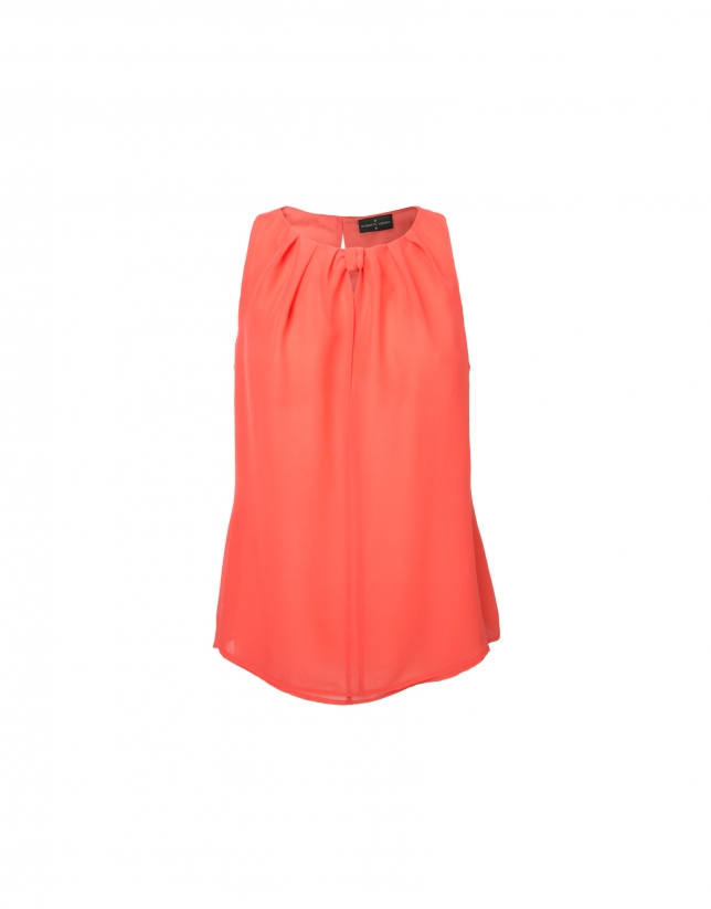 Coral sleeveless pink top with tie collar