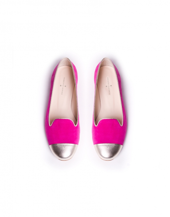 NIZA FUCSIA:  Suede slippers with gold tips