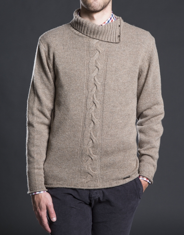 Beige turtle neck sweater with cable-stitching