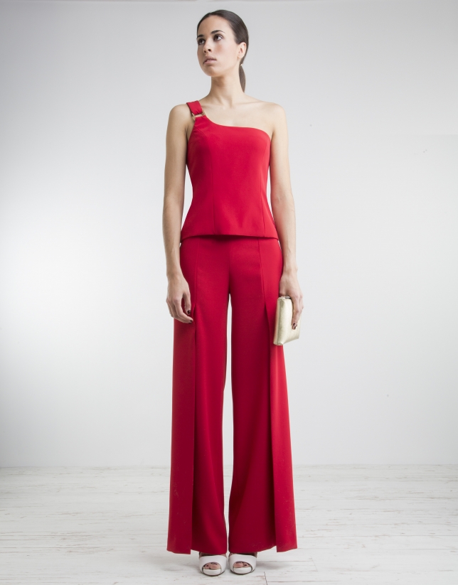 Red top with asymmetric neckline