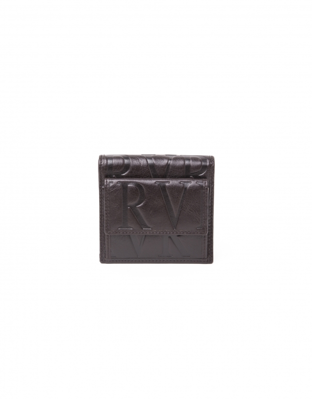 Billetera con monedero exterior marrón piel grabada RV