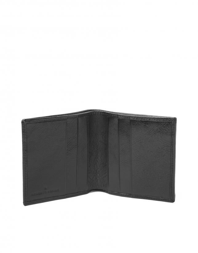Billetera con monedero exterior negra piel grabada RV