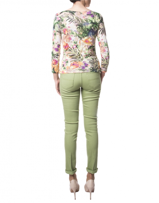 Green floral print, long-sleeved t-shirt 