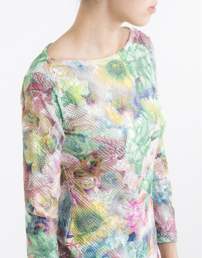Green floral print knit top