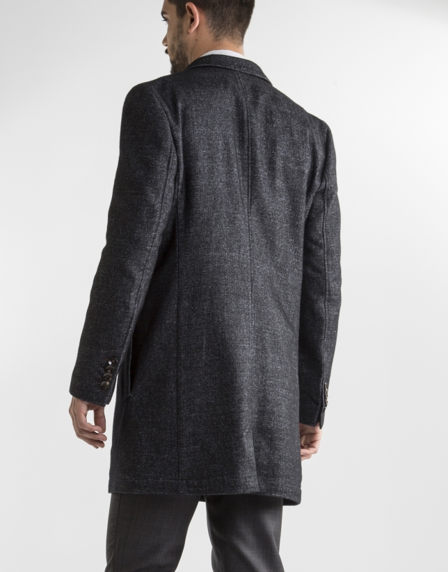 grey and black herringbone coat